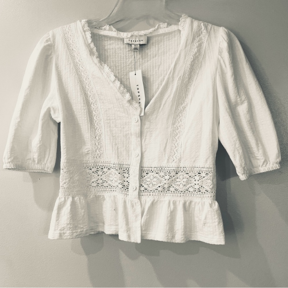 NWT TopShop V-Neck Cropped Peplum White Blouse Sz 4